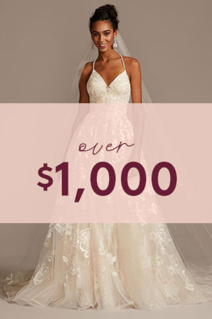 bride in wedding dress with a pink color block and over $1,000 text overlay